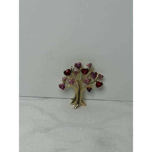 Anthropologie Family Tree Gold Tone Brooch Pink Red Hearts - Picture 1 of 4